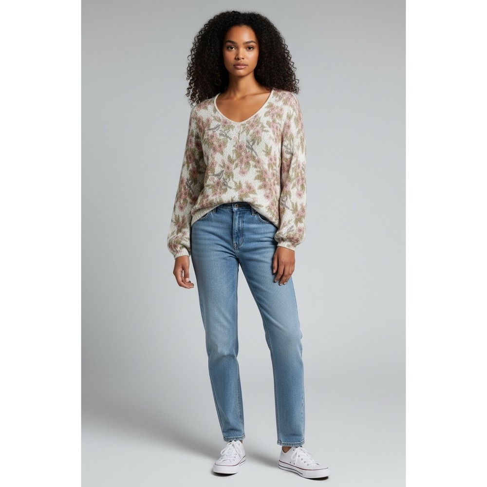Disney LC Lauren‎ Conrad Women Floral Open Knit V-Neck Sweater Pink Cream Large